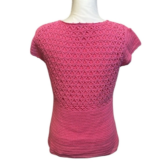 Lilly Pulitzer Vintage Pink Crochet Knit Top Cap Sleeves V-Neck Women's Size Med - Picture 2 of 11